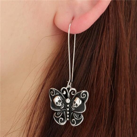 Unique Black Butterfly Skull Dangle Hook Drop Earrings - Picture 2 of 8